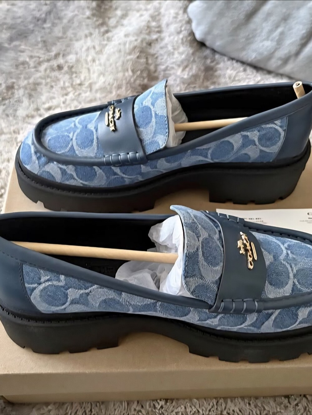 Coach Women's Light Blue Signature Denim Platform Loafers with Gold Logo